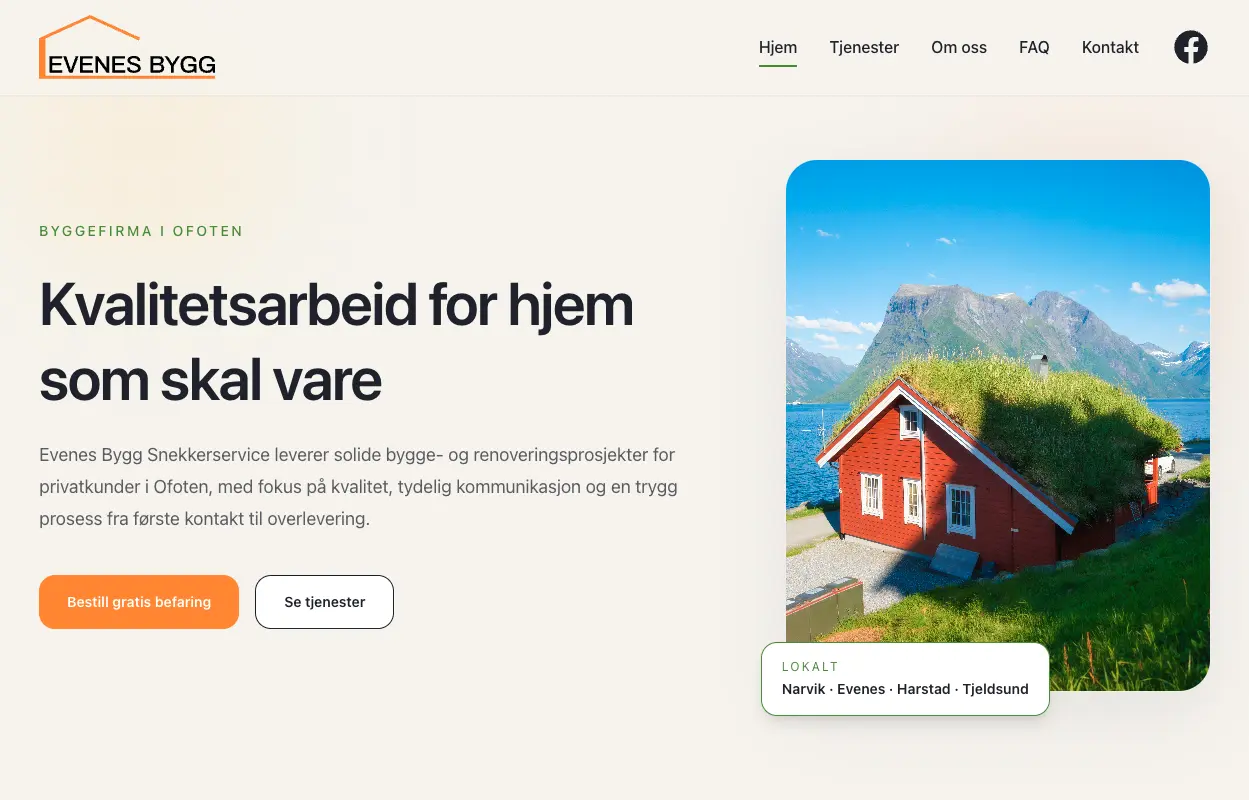 Screenshot av Evenes Bygg nettside